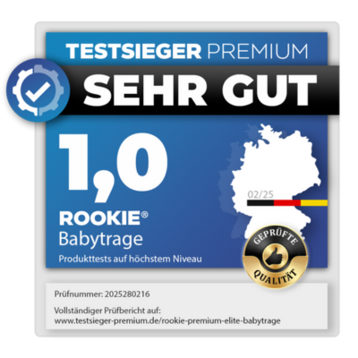 Award badge with 'Sehr Gut' rating for Rookie baby carrier.
