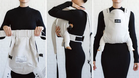 Three-step guide showing a woman wearing a baby carrier with a baby inside.