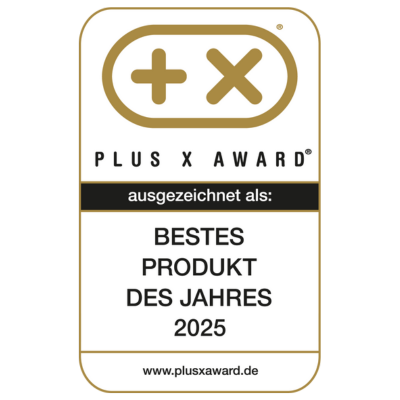 Plus X Award logo with text 'Bestes Produkt des Jahres 2025'.
