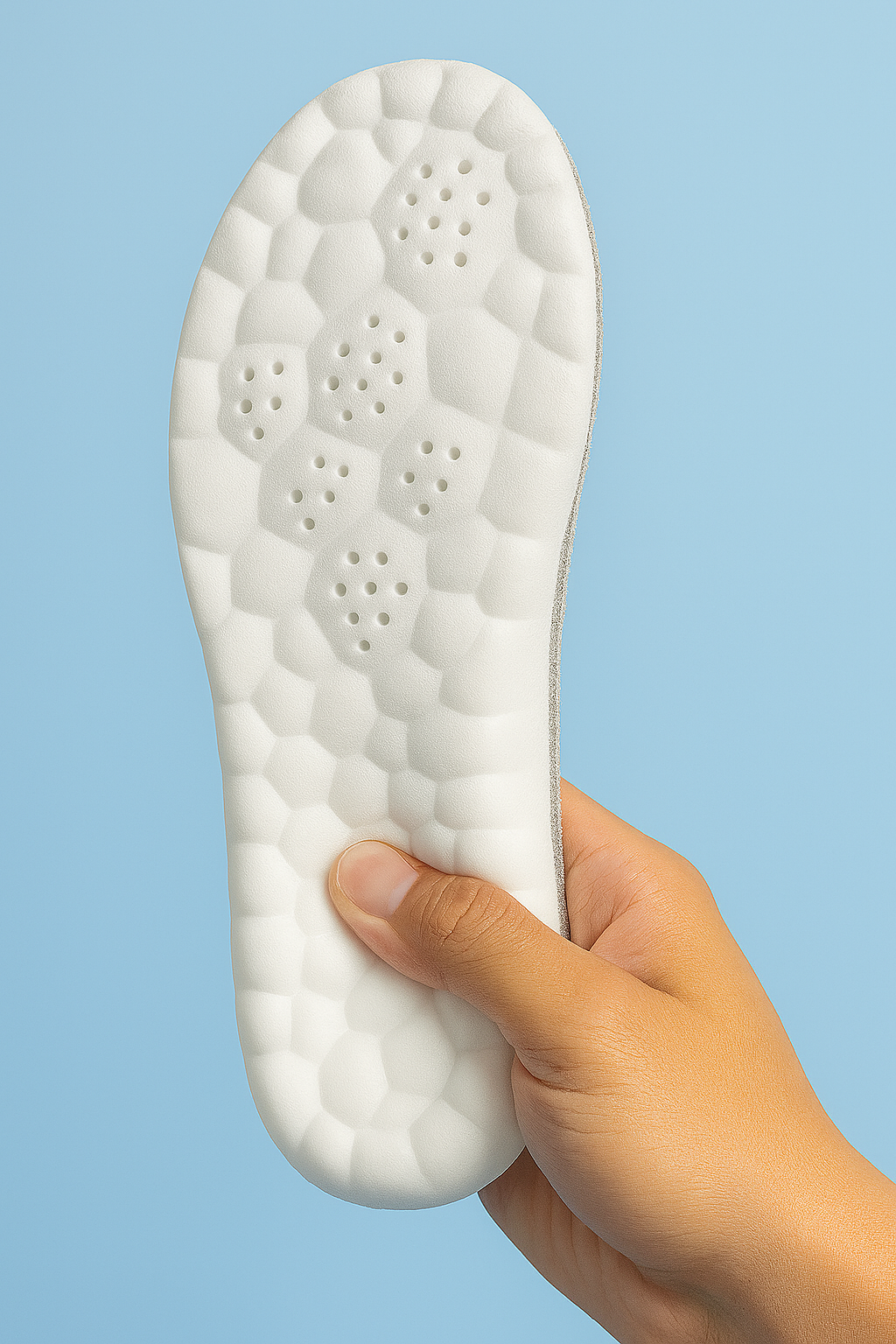 Hand holding a textured white shoe insole against a blue background.