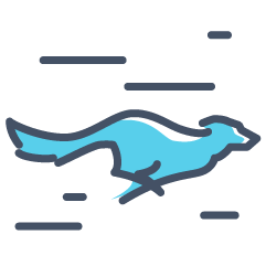 A stylized icon of a blue running animal with dark blue speed lines.