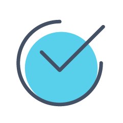 A dark grey checkmark icon inside a light blue circle, partially encircled by a dark grey line.