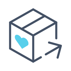An icon of a cardboard box with a blue heart on the side and an arrow pointing away from it.