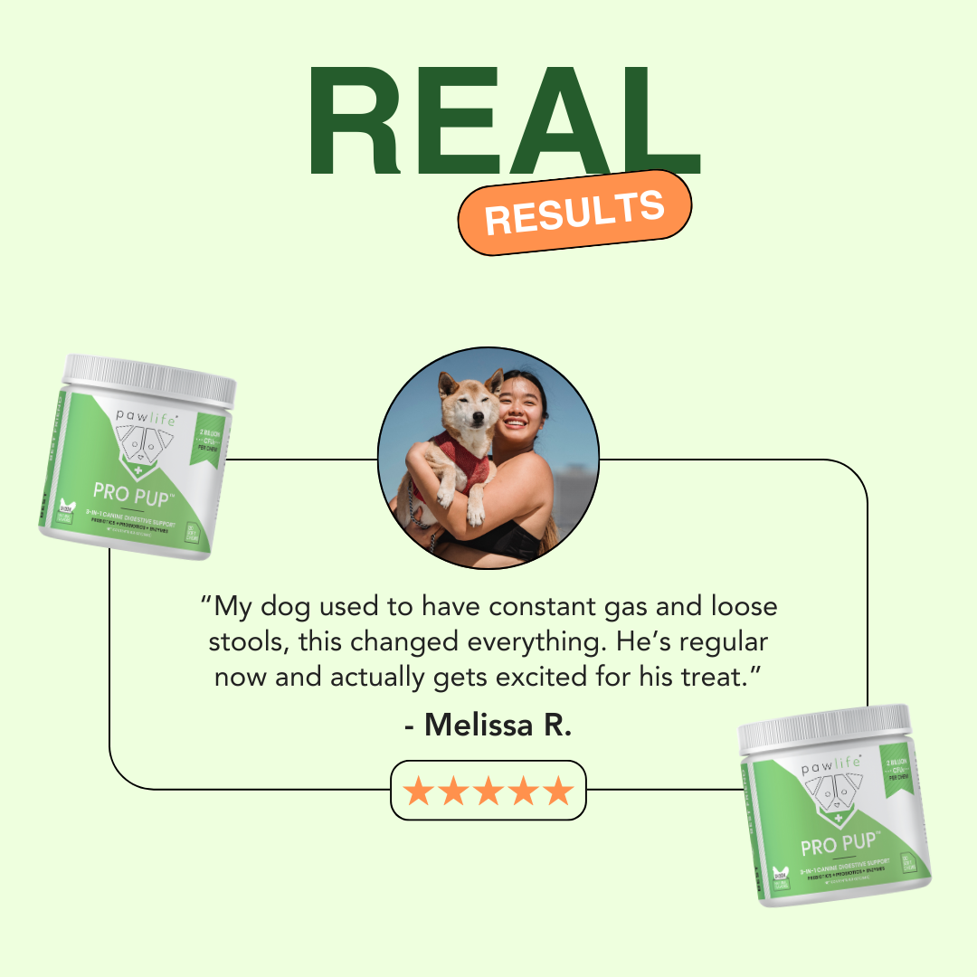 Testimonial with a woman holding a dog, product images, and a five-star rating.