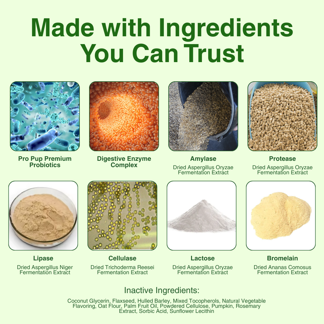 Image showing various enzyme ingredients with descriptions and inactive ingredients list.