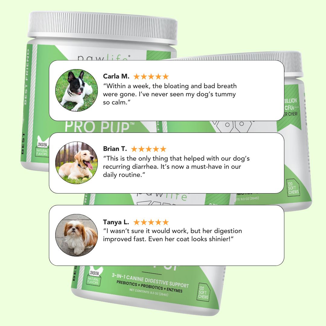 Three dog supplement containers with customer reviews and star ratings.