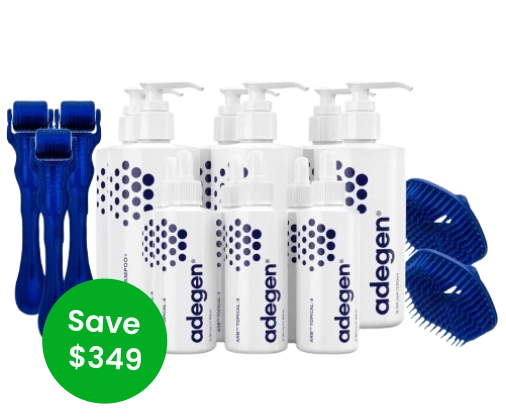 Collection of Adegen hair products with blue brushes and rollers, green label showing 'Save $349.'
