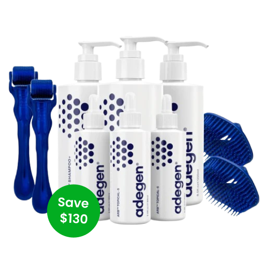 Collection of Adegen hair products with blue combs and rollers, green save $130 label.