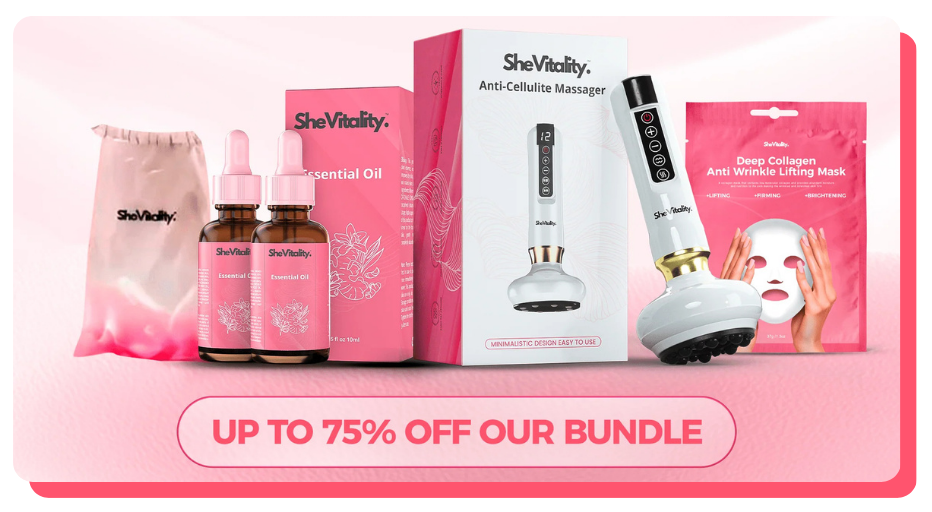 SheVitality products including essential oils, massager, and face mask with discount offer.