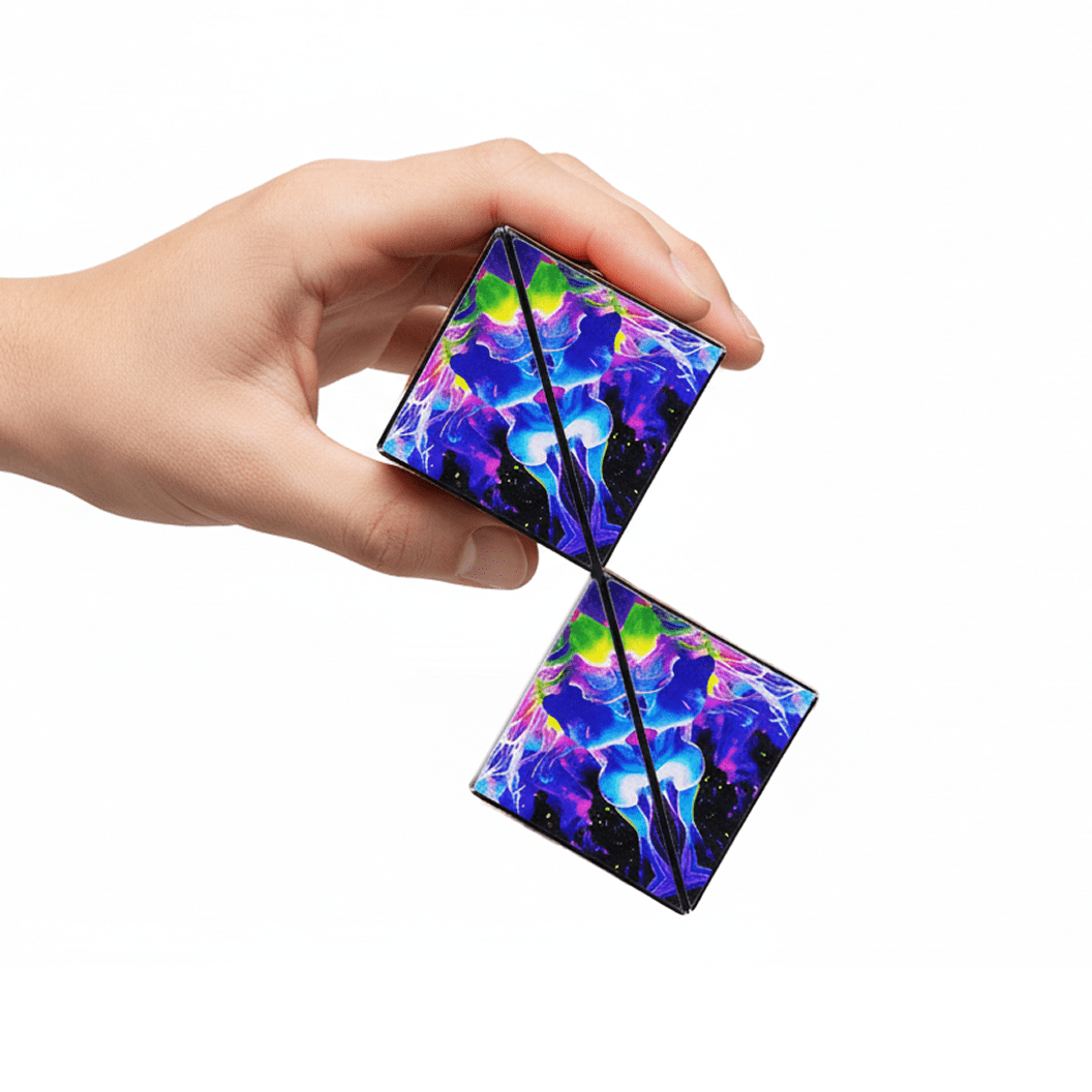 Hand holding colorful, geometrically patterned cube puzzle against white background.