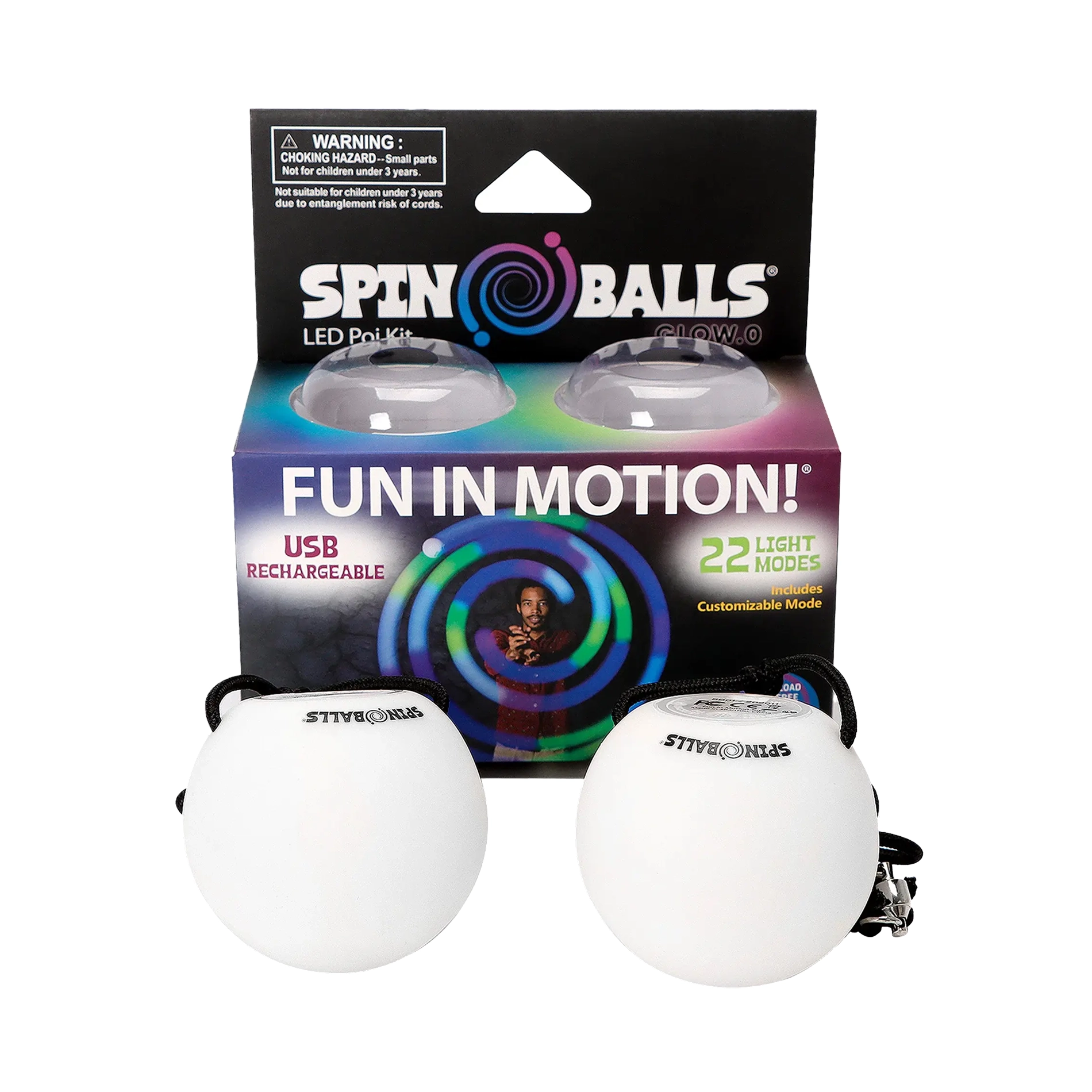 The retail packaging for Spin Balls LED Poi Kit with the two poi balls in front.