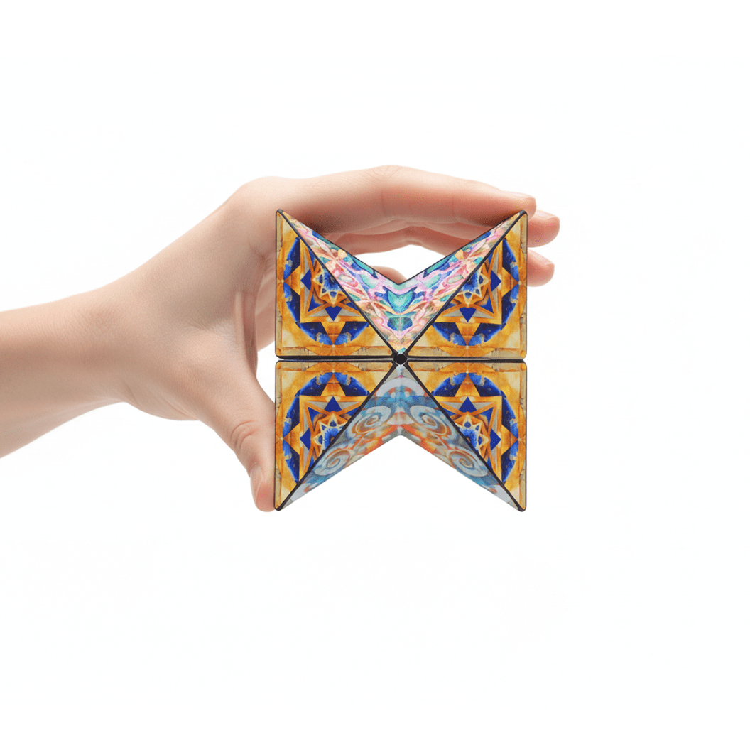 Hand holding a geometric puzzle with colorful patterns on white background.