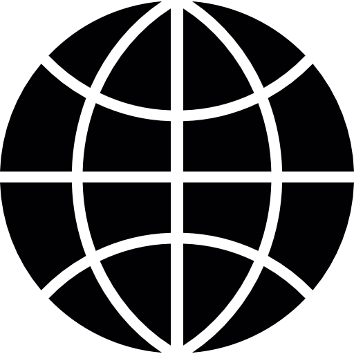 Black and white globe icon with grid lines.