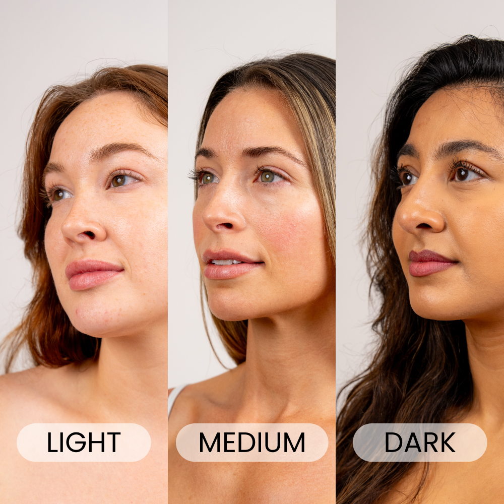 Three women with different skin tones labeled light, medium, and dark.