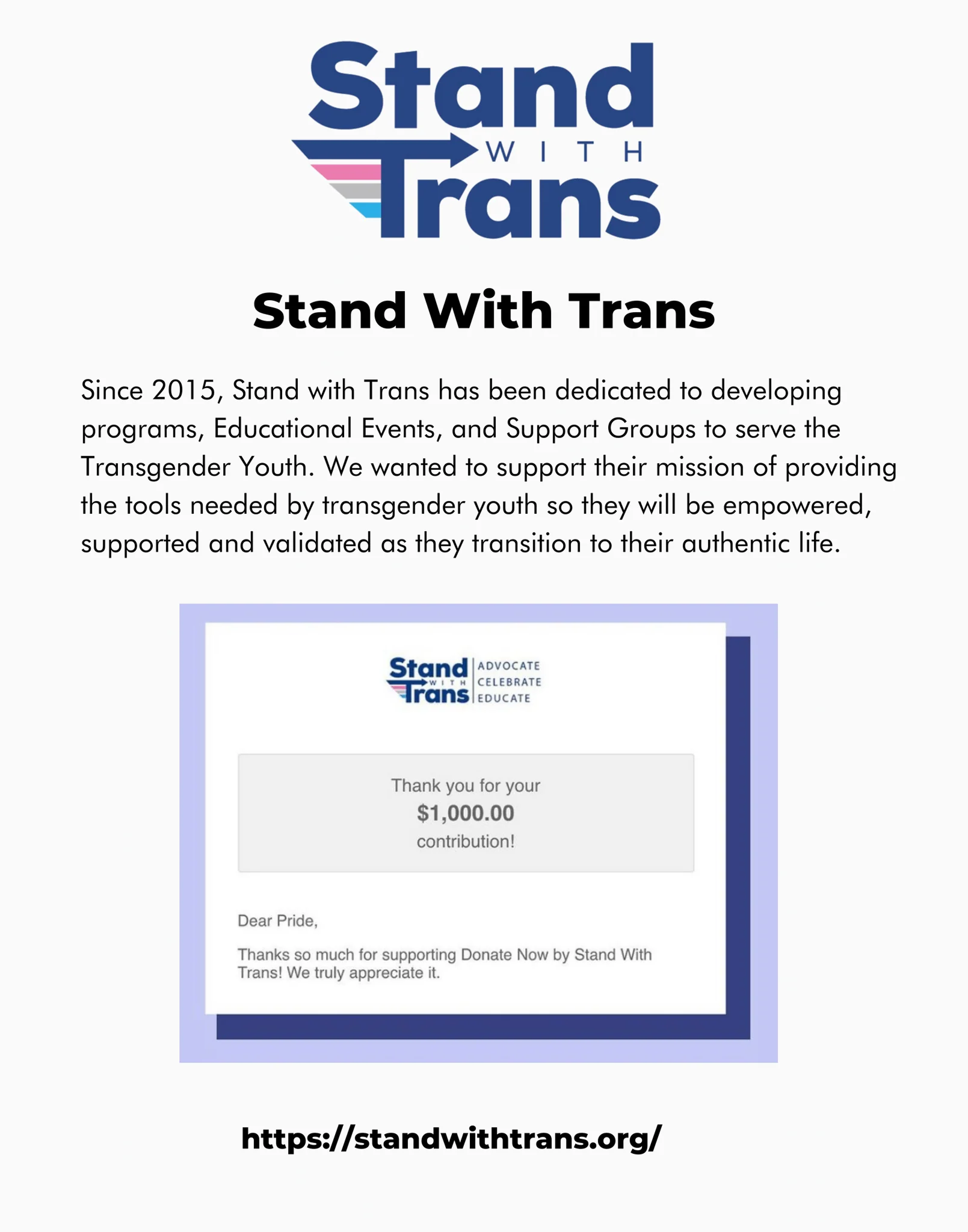 Stand With Trans logo, mission statement, donation receipt, and website URL.