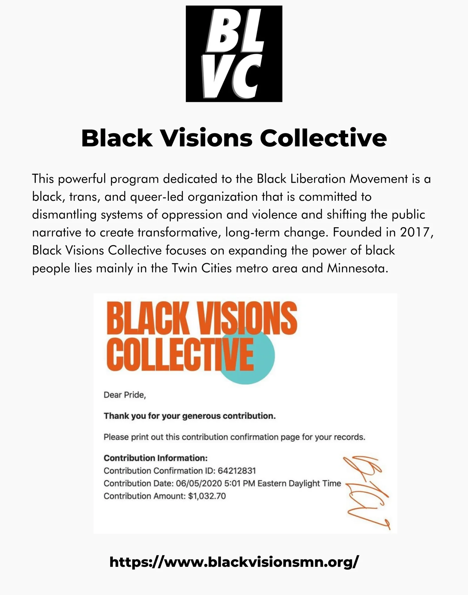 Black Visions Collective logo and donation confirmation details.