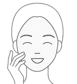 Line drawing of a smiling face with a hand touching the cheek.