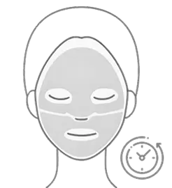 Illustration of a face wearing a sheet mask, with a clock symbol nearby.