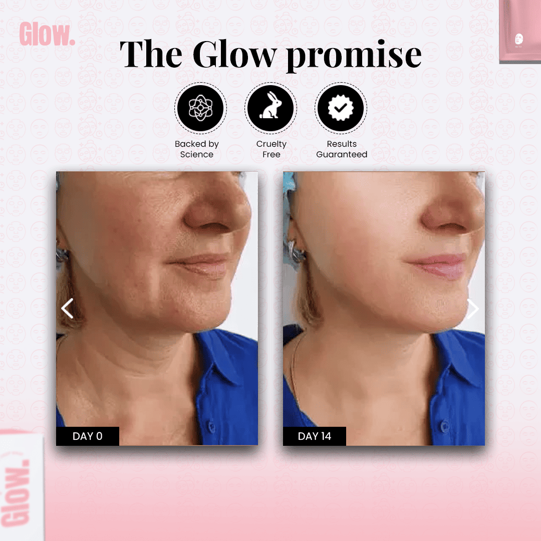 Before and after side-by-side images of facial skin on day 0 and day 14.