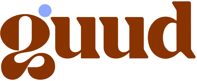 Stylized text 'guud' in brown with a small blue dot above the 'g'.