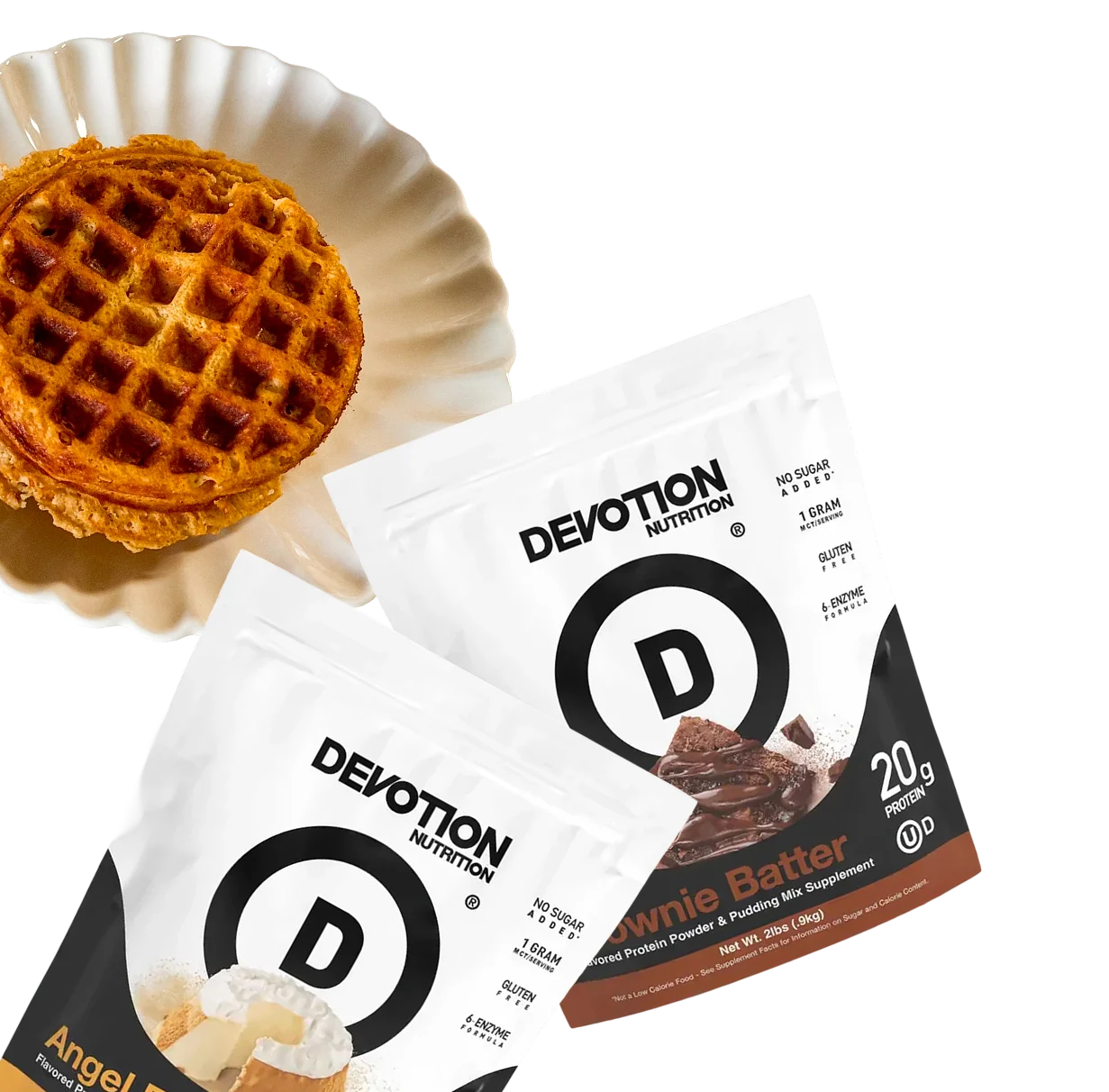 Two pouches of Devotion Nutrition protein powder, one Brownie Batter and one Angel Food, next to waffles.