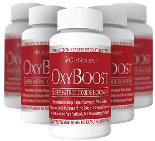 Five bottles of OxyBoost nitric oxide booster with red labels.