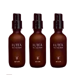 Three identical brown glass bottles with black pumps, labeled LUTEA.