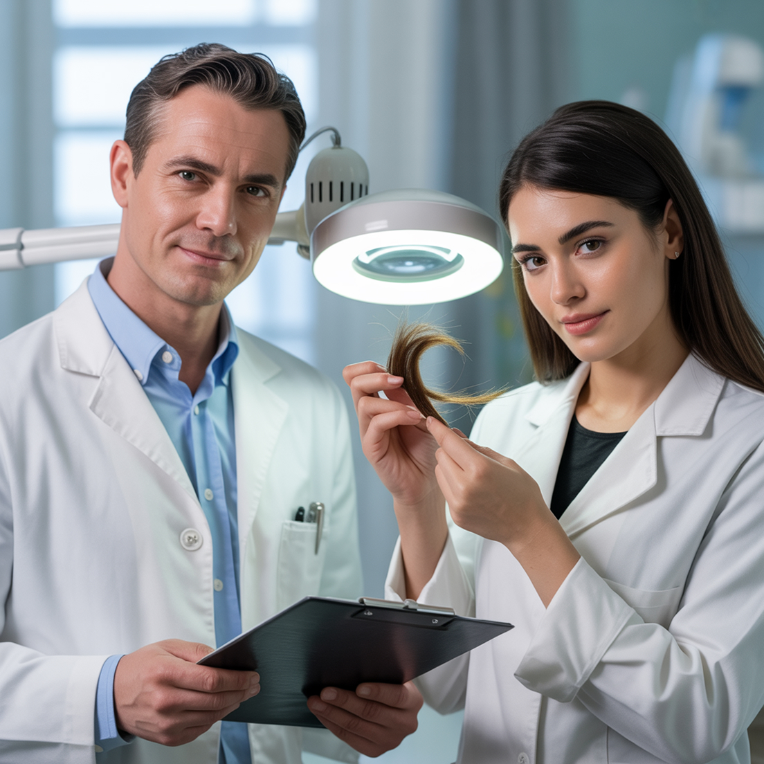 Two people in lab coats examining a hair sample under a lamp.
