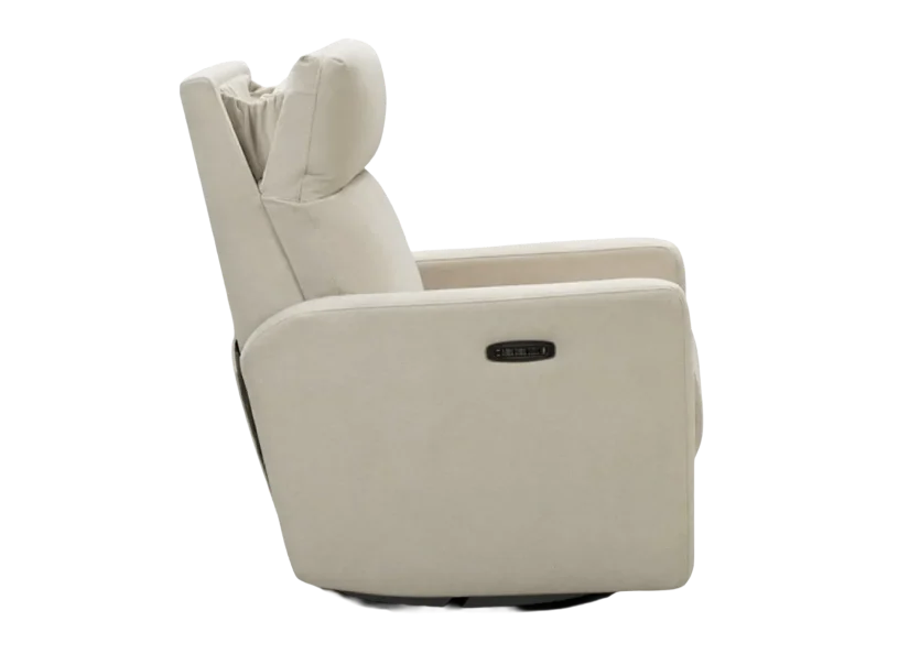 A side view of a modern, off-white upholstered power recliner with a swivel base against a white background.