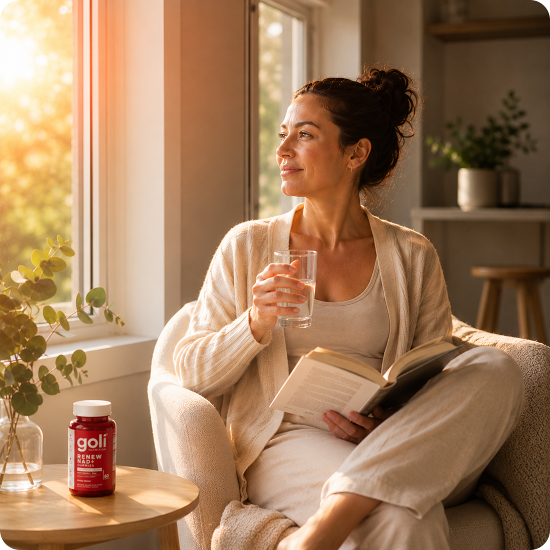 A woman relaxes in a chair by a sunlit window, holding a book and a glass of water.