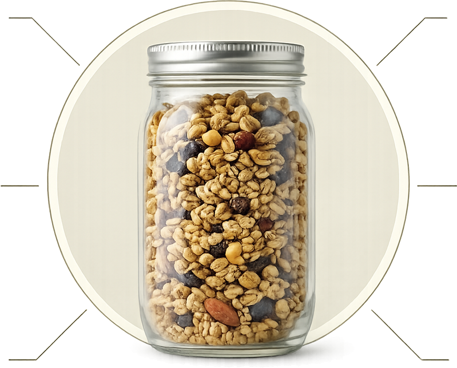 A tall, clear glass jar with a gold lid, filled with granola containing nuts and raisins.