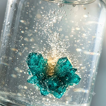 A cluster of teal crystals creating bubbles in a clear liquid inside a glass container.