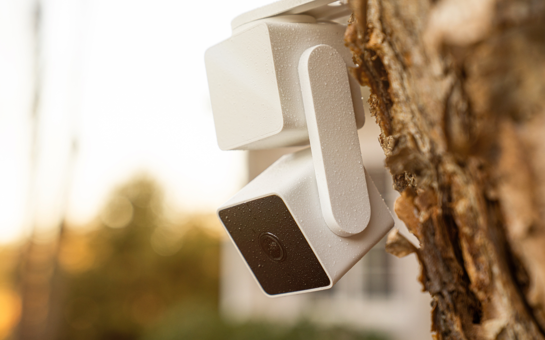 White security camera mounted on a tree with water droplets.