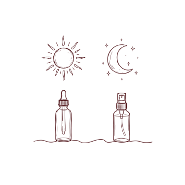 Line drawing of a sun and moon above a dropper bottle and a spray bottle.