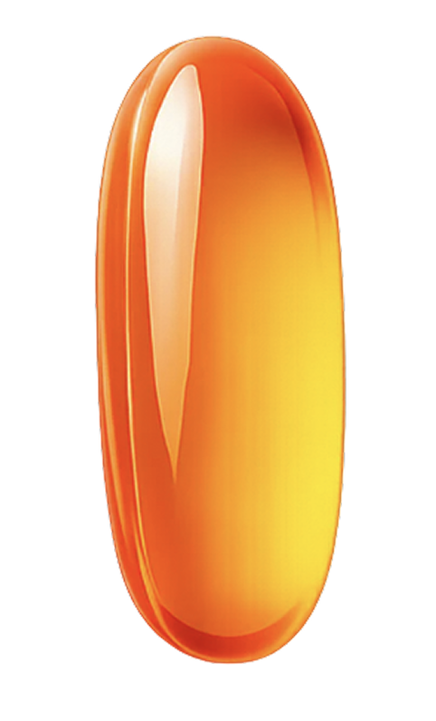 A single orange and yellow translucent softgel capsule on a white background.