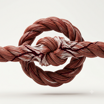 A thick, reddish-brown rope tied in a knot is fraying and breaking apart under tension against a white background.