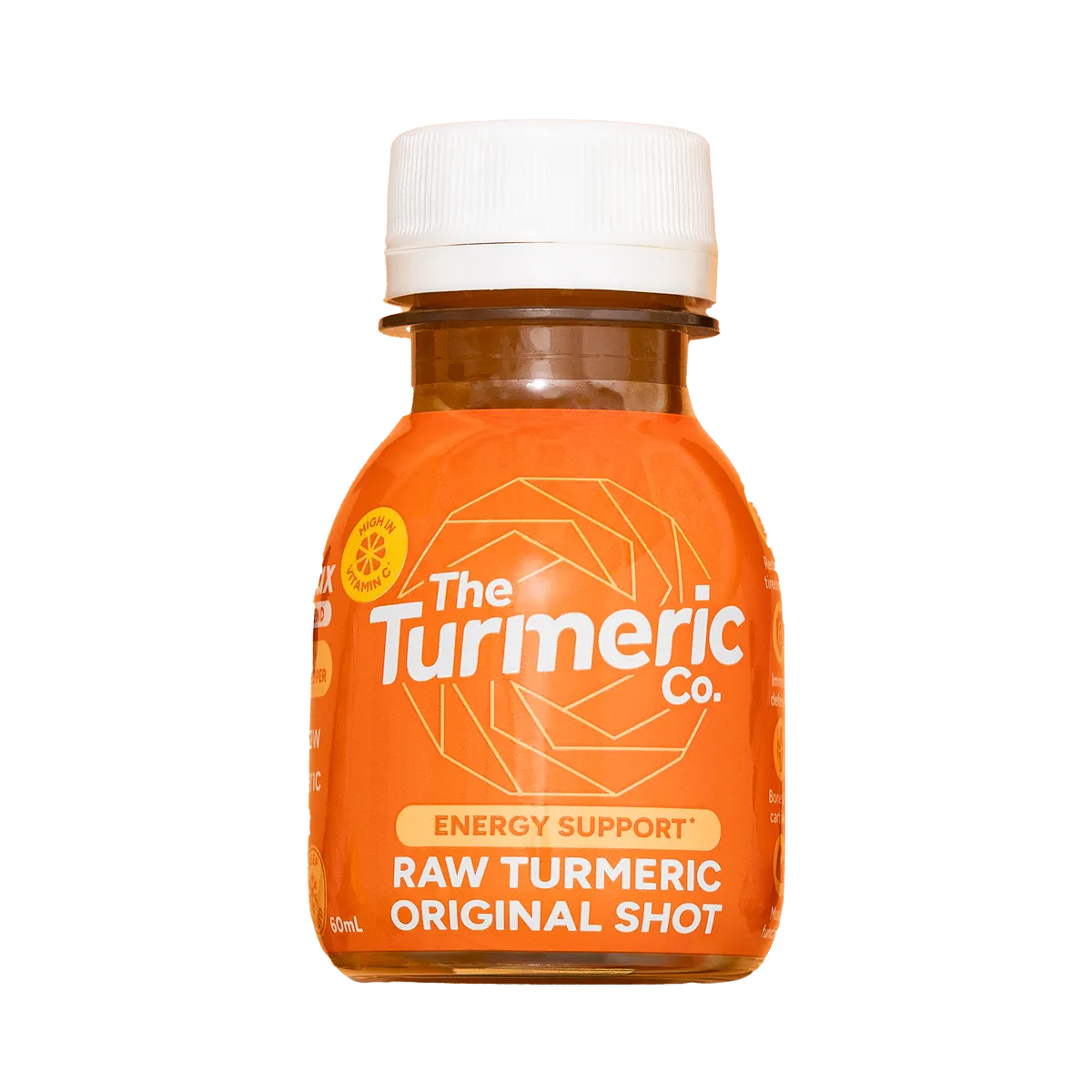 A small bottle of The Turmeric Co. Raw Turmeric Original Shot on a white background.