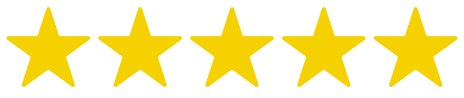 Five yellow stars in a row on a transparent background.