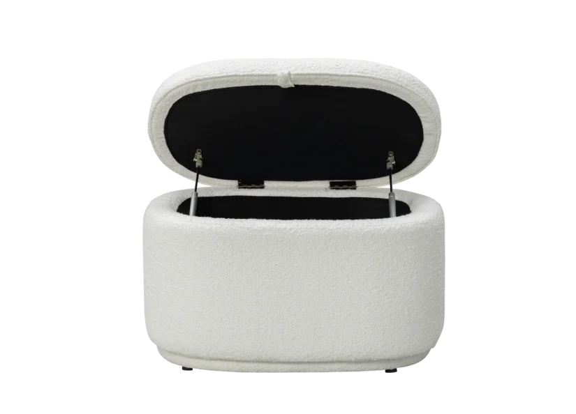 A white, oval-shaped, textured storage ottoman with its lid open, revealing a black interior.