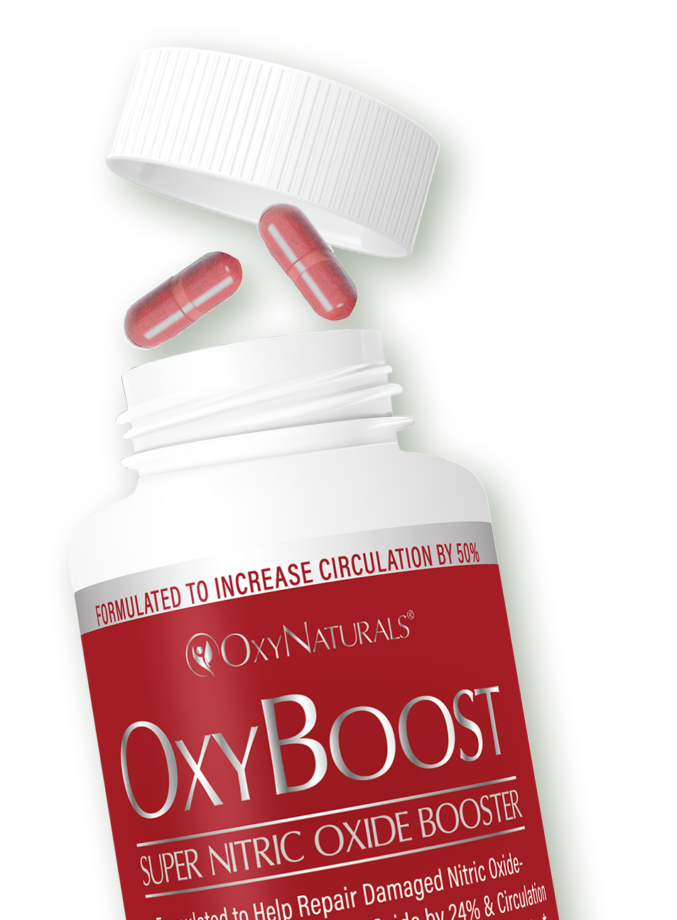 Red supplement bottle labeled 'OxyBoost' with two red capsules and open cap.