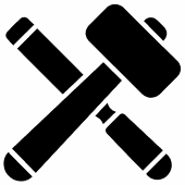 A black silhouette icon of a mallet and a chisel crossed over each other.