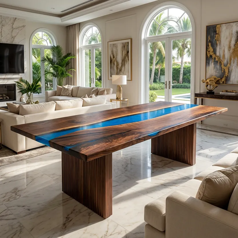 A long wood and blue epoxy resin river table in a sunlit, luxurious living room.