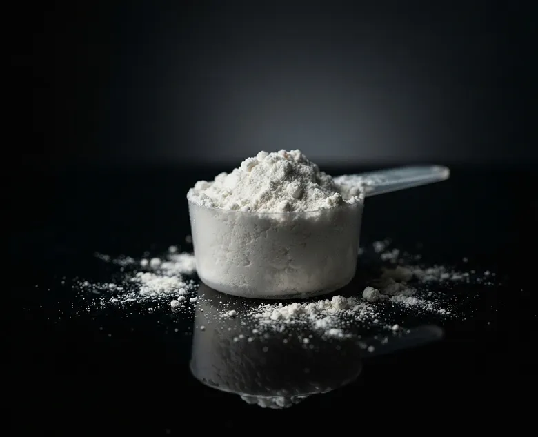 A clear plastic scoop filled with white powder on a dark, reflective surface.
