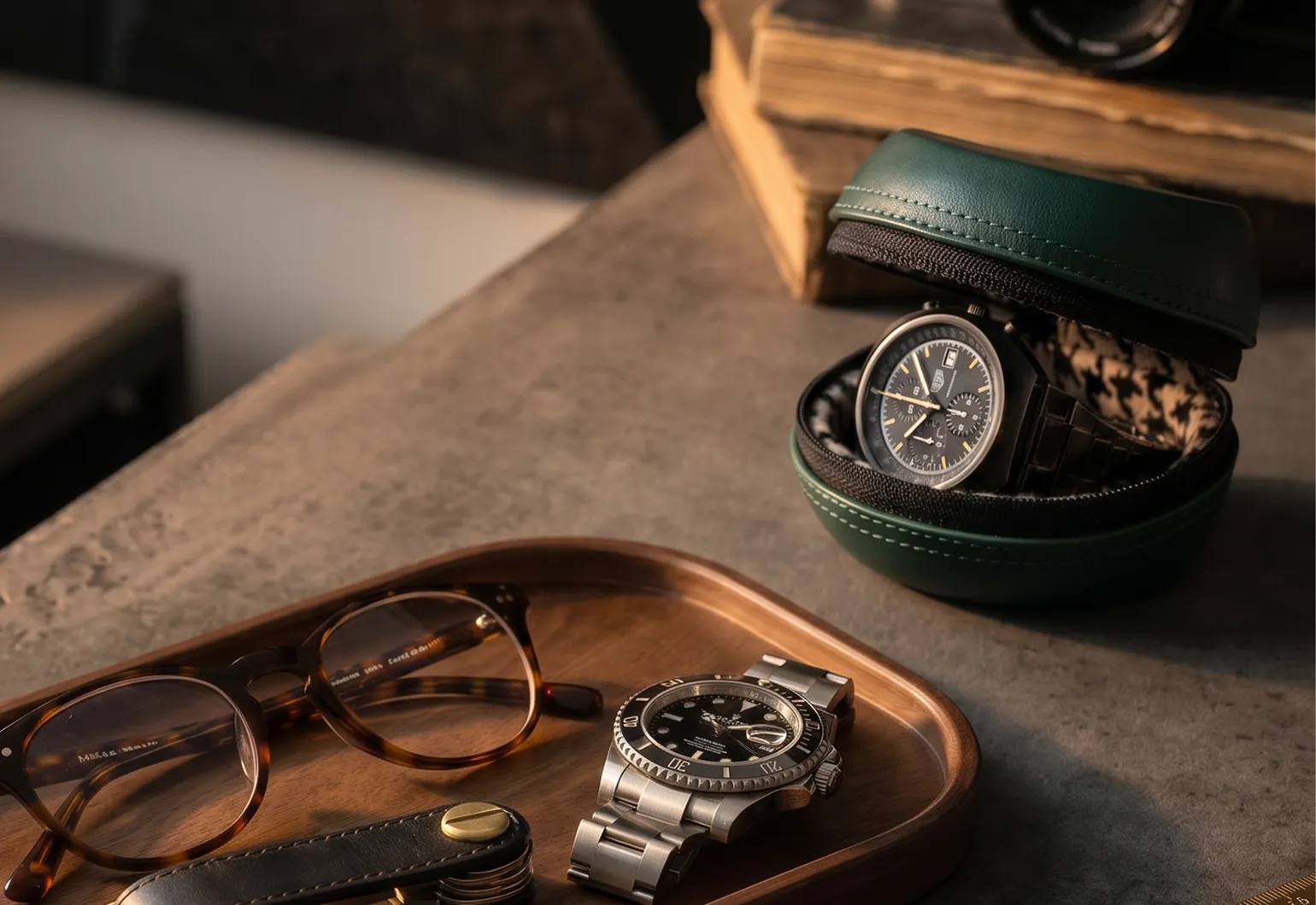 Two watches, one in a case and one on a wooden tray next to a pair of eyeglasses.
