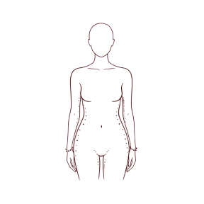 A line drawing of a faceless female figure with dotted lines on the torso, hips, and arms.