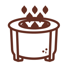 Brown line drawing of a steaming pot with three legs.