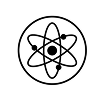 A black and white icon of a stylized atom within a circle.