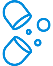 A blue line-art icon of an opened pill capsule with its contents spilling out.