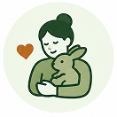 An illustration of a person holding a rabbit, with a heart symbol to the side.