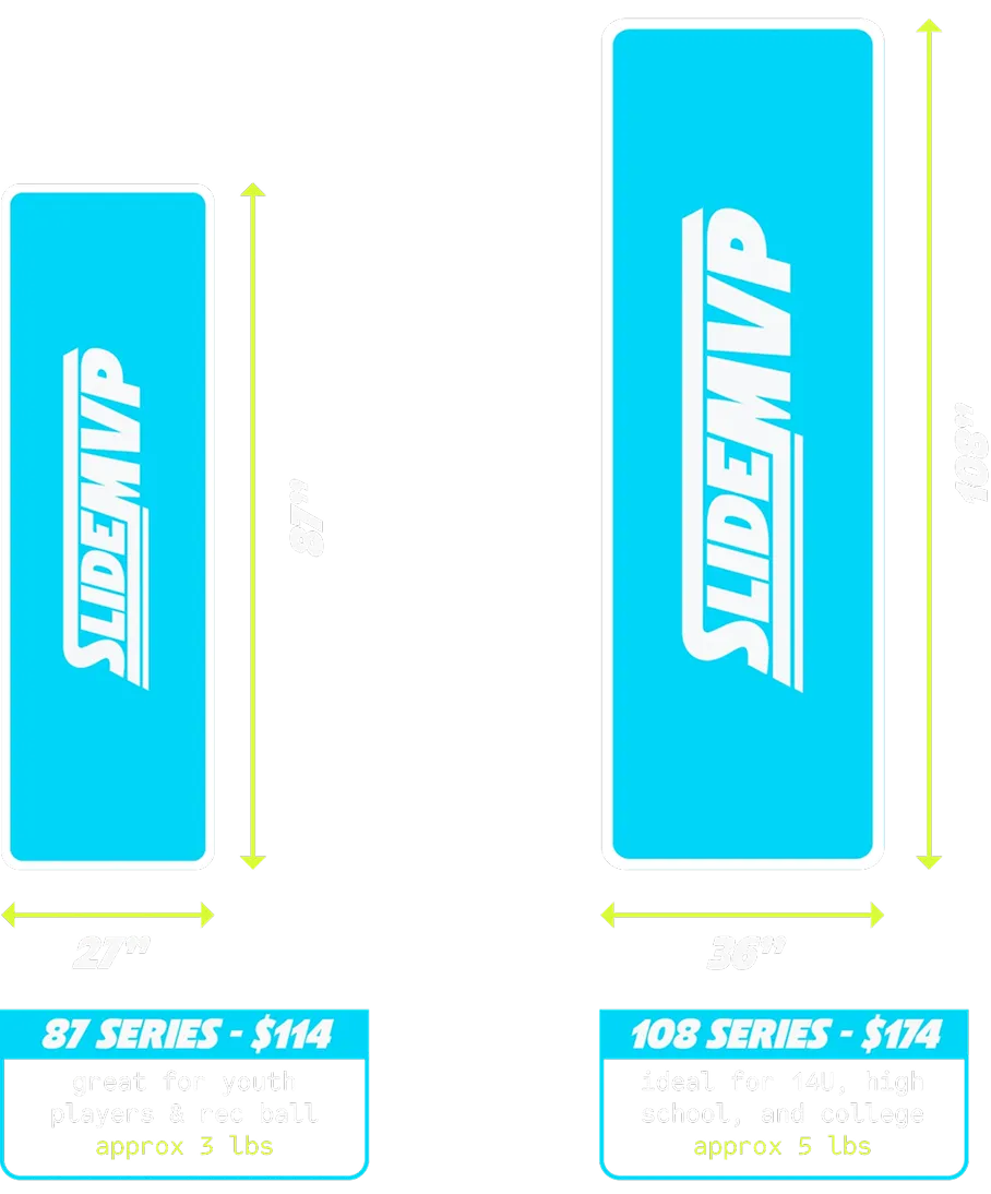 A comparison of two sizes of the SlideMVP product, showing dimensions, prices, and recommended player types.